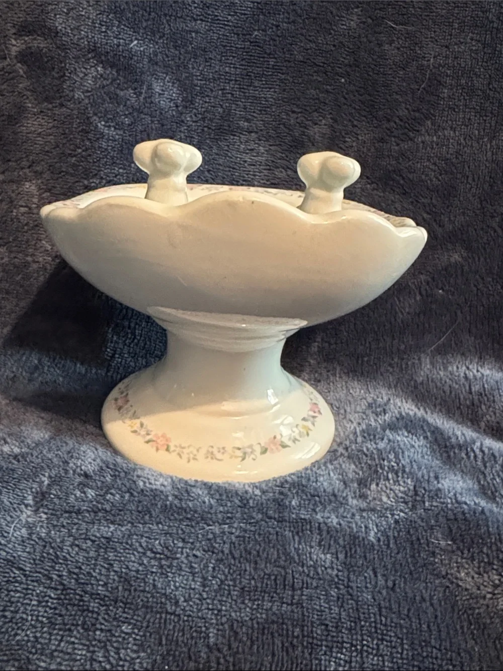 White Ceramic Pedestal Soap Dish with Pink Floral Trim